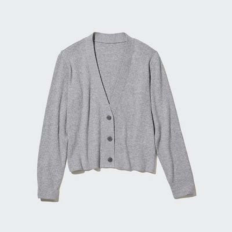 Cárdigan Uniqlo Washable Knit Acanalado Long-Sleeve Mujer Gris | 567190_PE