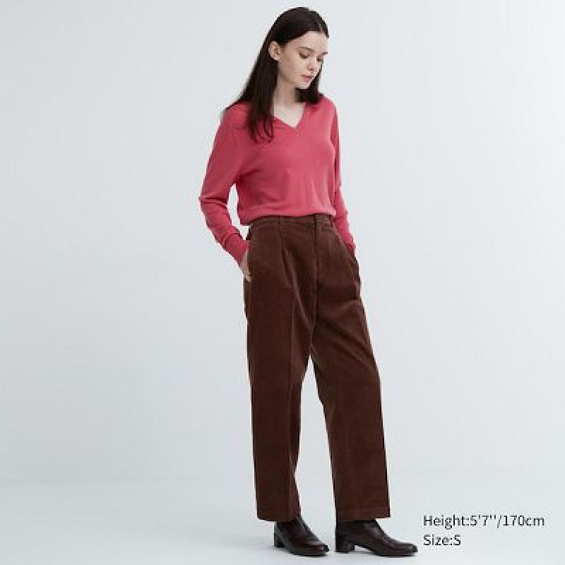 Pantalon Uniqlo Corduroy Wide-Fit Plisado Mujer Marrones | 620539_PE