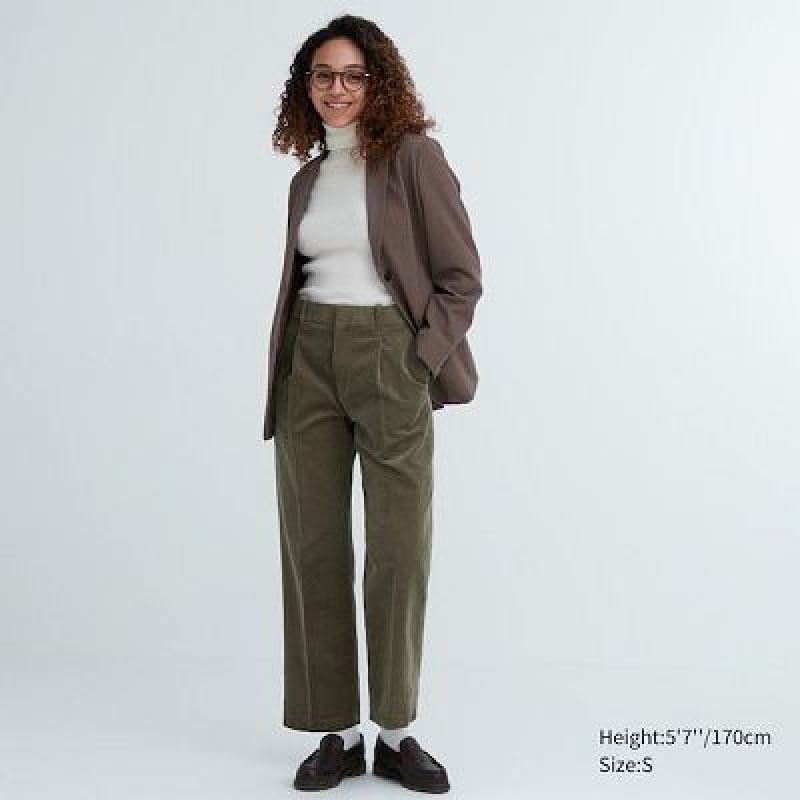 Pantalon Uniqlo Corduroy Wide-Fit Plisado Mujer Verde Oliva | 61374_PE