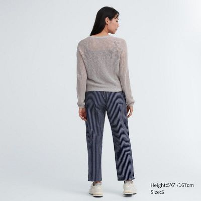 Pantalon Uniqlo Cotton A Rayas Relaxed Ankle Mujer Blancas | 986374_PE