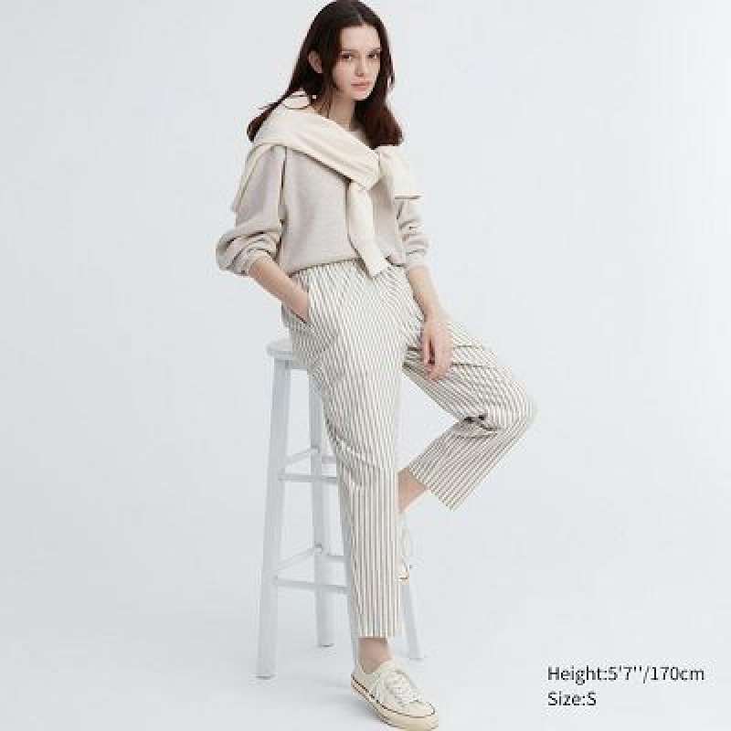 Pantalon Uniqlo Cotton A Rayas Relaxed Ankle Mujer Blancas | 986374_PE