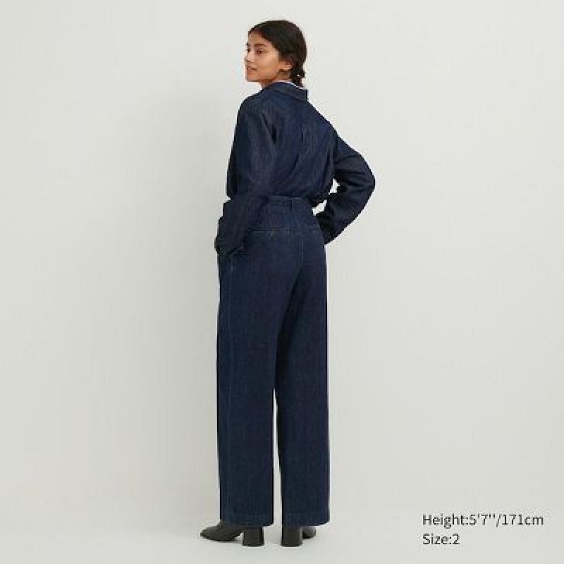 Pantalon Uniqlo Denim Wide-Fit Plisado Mujer Azul Marino | 342857_PE