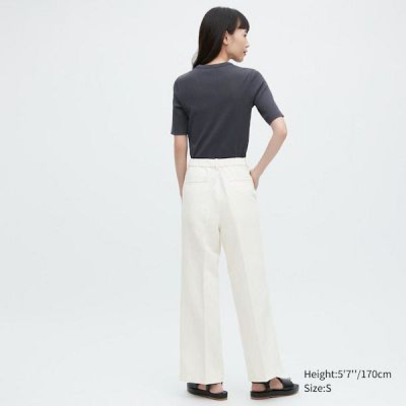 Pantalon Uniqlo Linen Blend Tucked Wide Mujer Moradas | 154983_PE