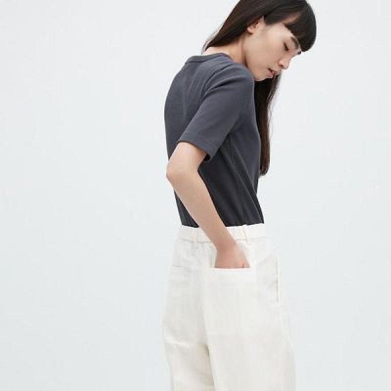 Pantalon Uniqlo Linen Blend Tucked Wide Mujer Moradas | 154983_PE