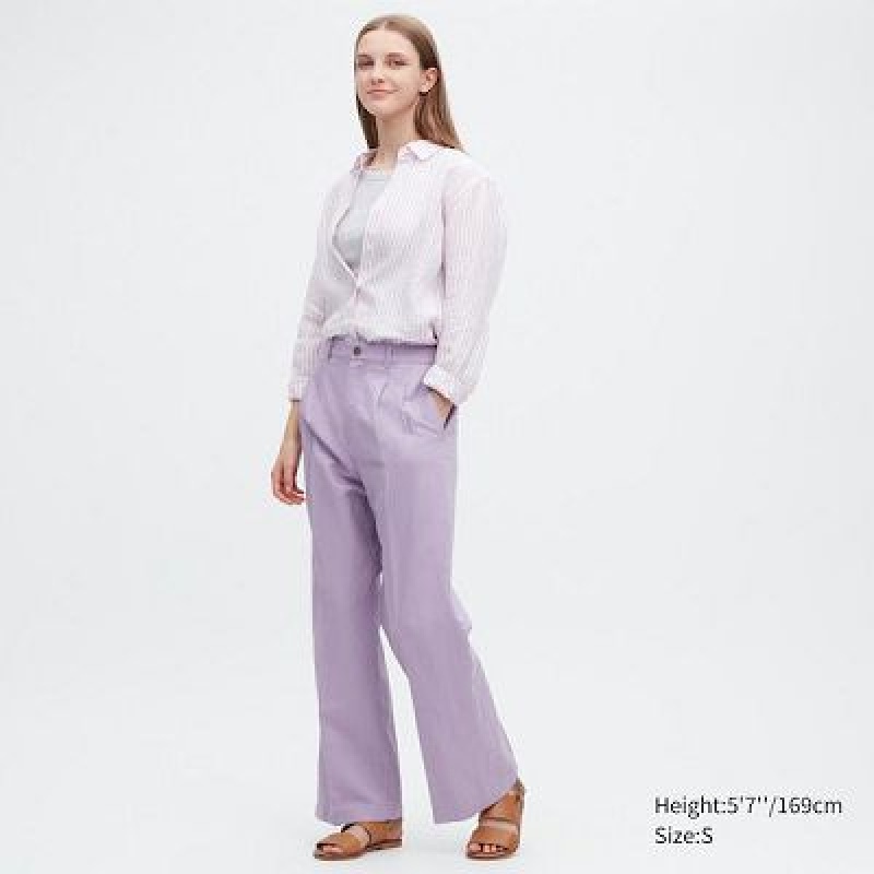 Pantalon Uniqlo Linen Blend Tucked Wide Mujer Moradas | 154983_PE