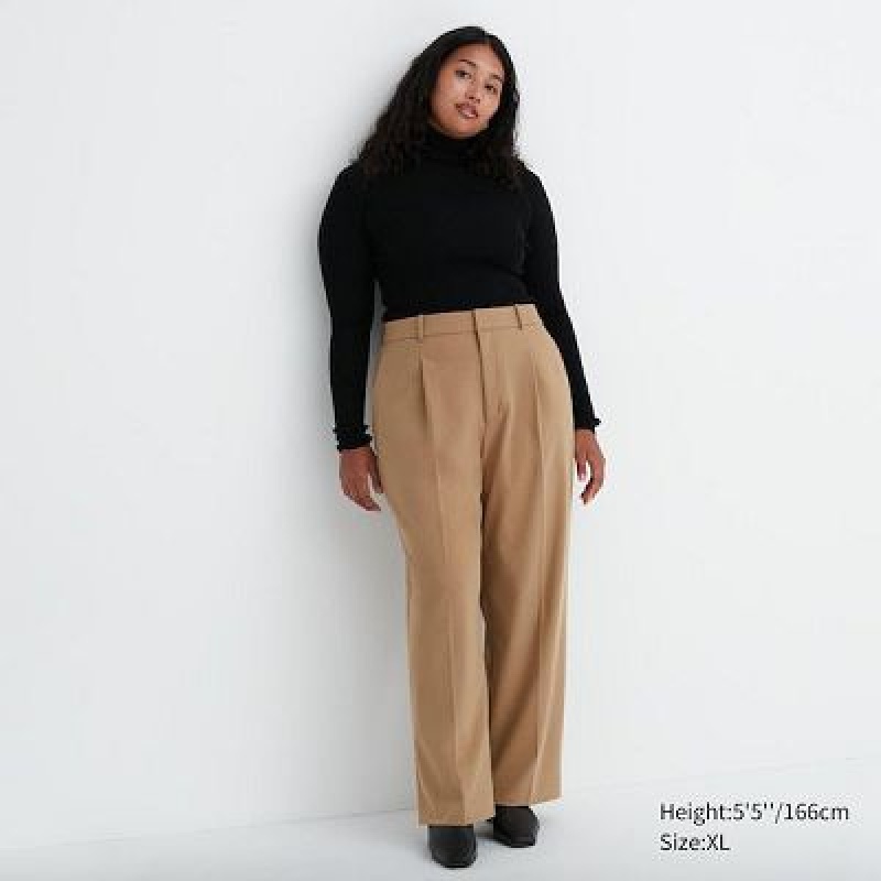 Pantalon Uniqlo Wide-Fit Plisado Mujer Beige | 605983_PE