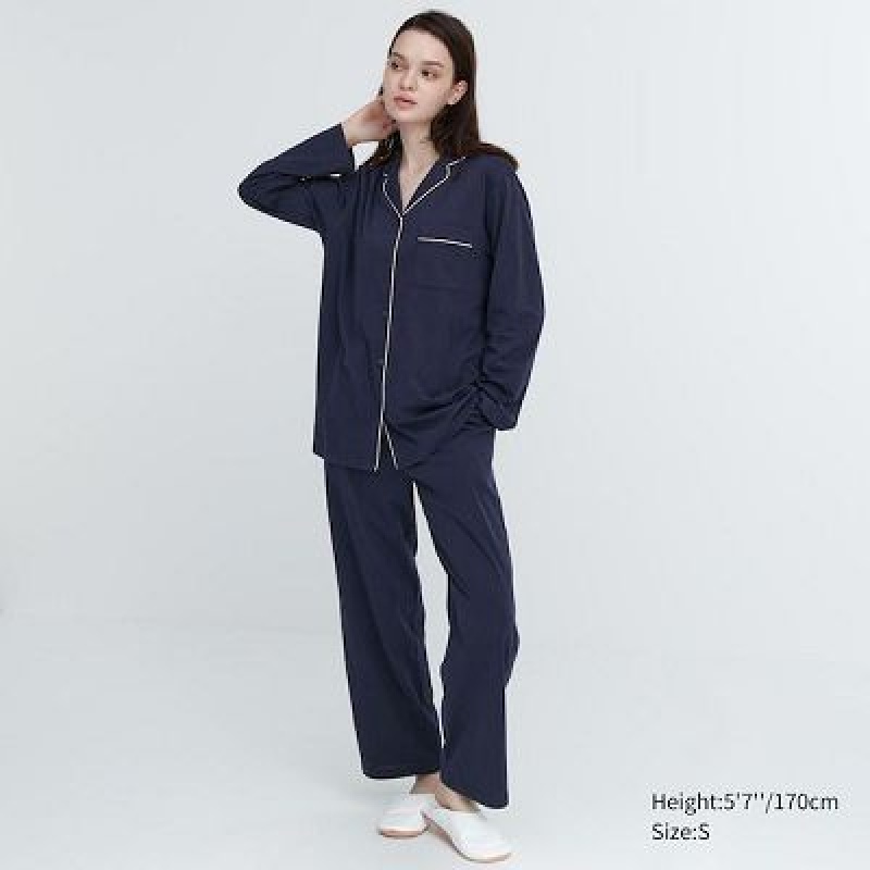 Pijama Uniqlo AIRism Cotton Long-Sleeve Mujer Azul Marino | 382904_PE