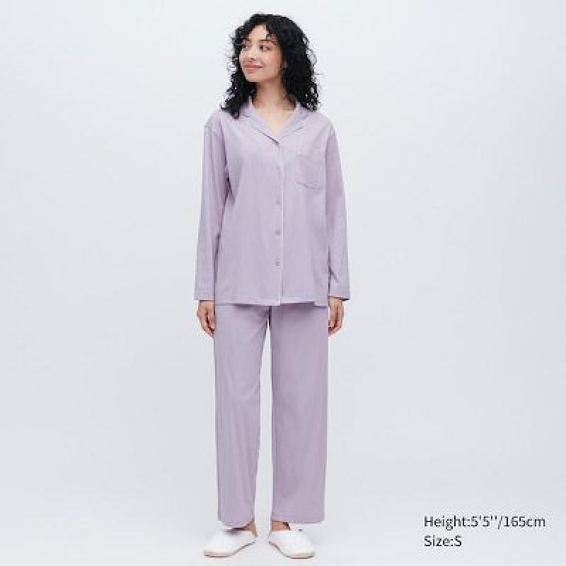 Pijama Uniqlo AIRism Cotton Long-Sleeve Mujer Azul Marino | 628793_PE