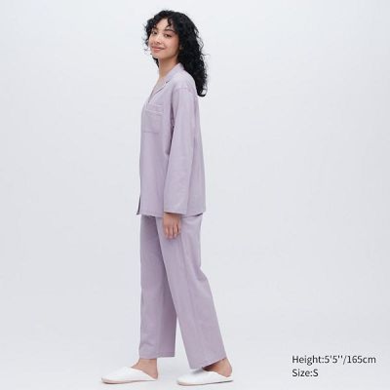 Pijama Uniqlo AIRism Cotton Long-Sleeve Mujer Azul Marino | 628793_PE