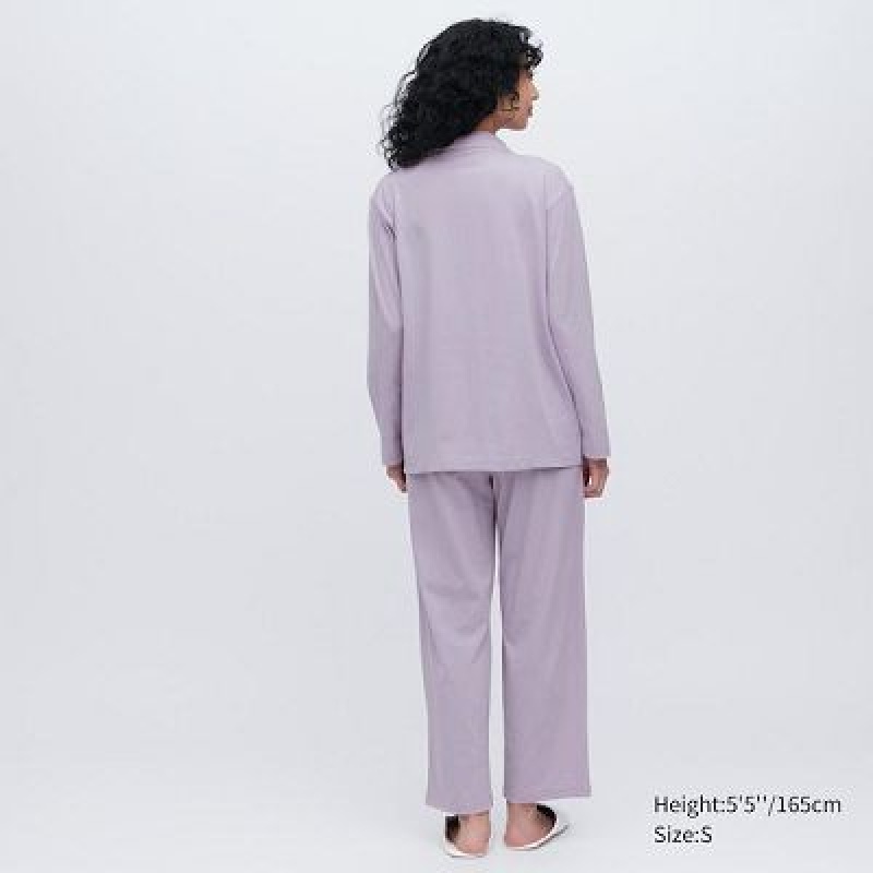 Pijama Uniqlo AIRism Cotton Long-Sleeve Mujer Azul Marino | 628793_PE