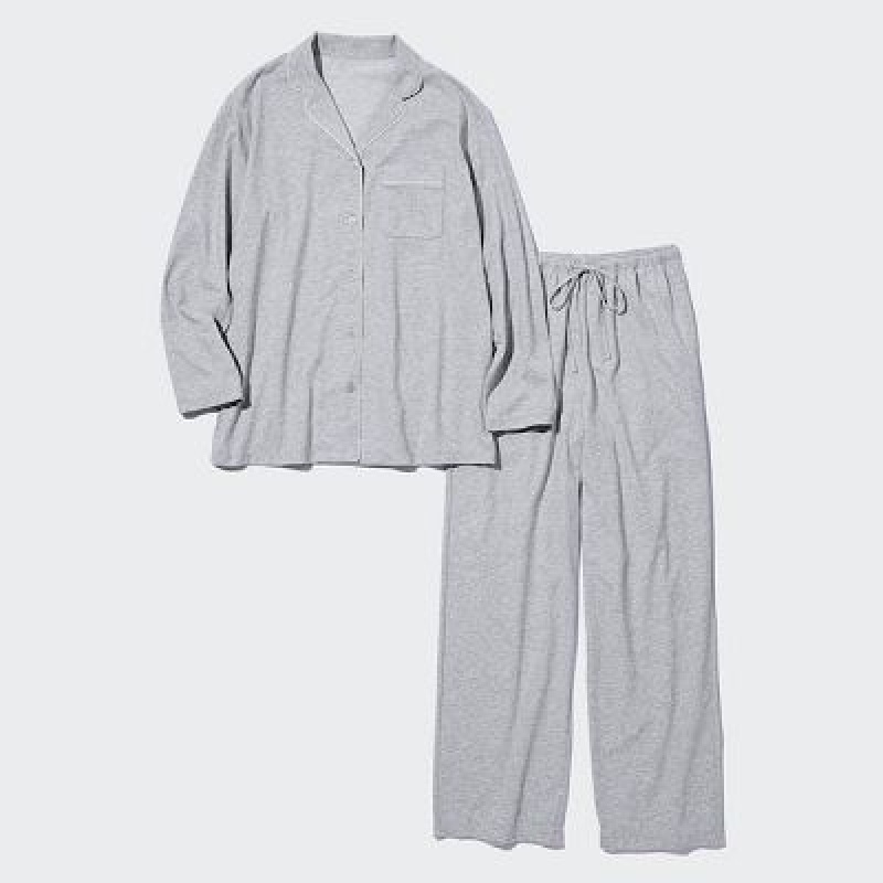 Pijama Uniqlo AIRism Cotton Long-Sleeve Mujer Azul Marino | 628793_PE