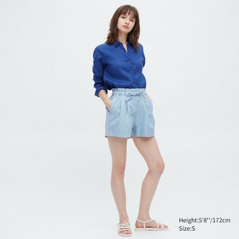 Short Uniqlo Cotton Linen Mujer Rosas | 452176_PE