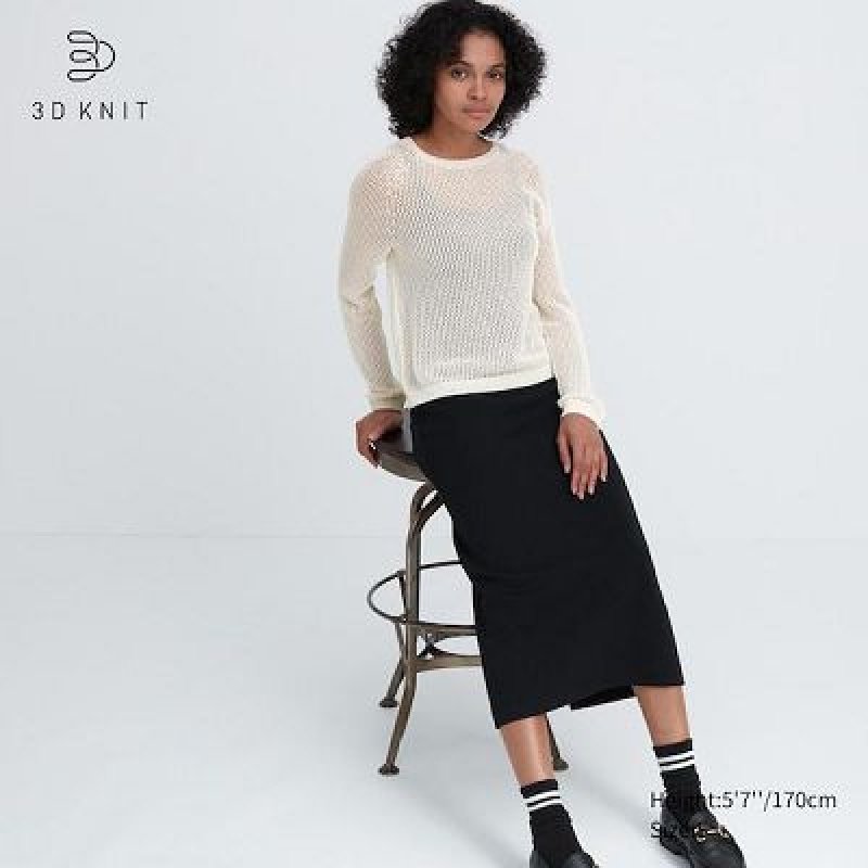 Suéteres Uniqlo 3D Knit Mesh Long-Sleeve Crew Neck Mujer Blancas | 745921_PE