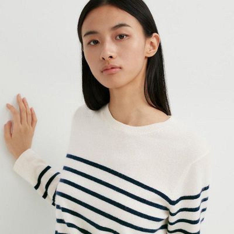 Suéteres Uniqlo Cashmere A Rayas Crew Neck Long-Sleeve Mujer Blancas | 571390_PE