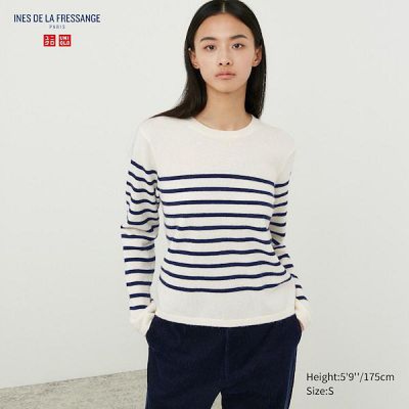 Suéteres Uniqlo Cashmere A Rayas Crew Neck Long-Sleeve Mujer Blancas | 571390_PE