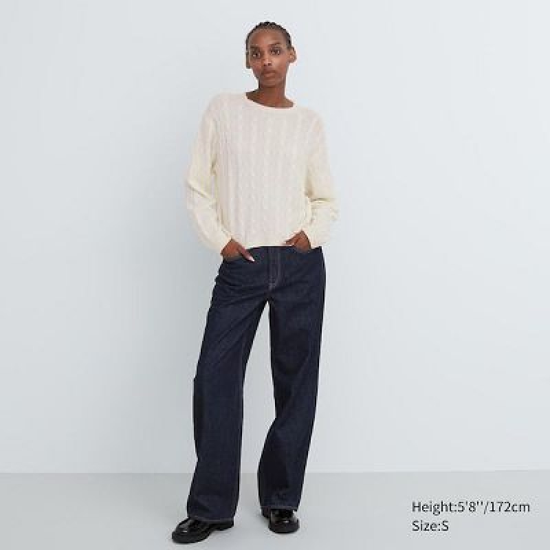 Suéteres Uniqlo Cashmere Cable Crew Neck Long-Sleeve Short Mujer Blancas | 54972_PE