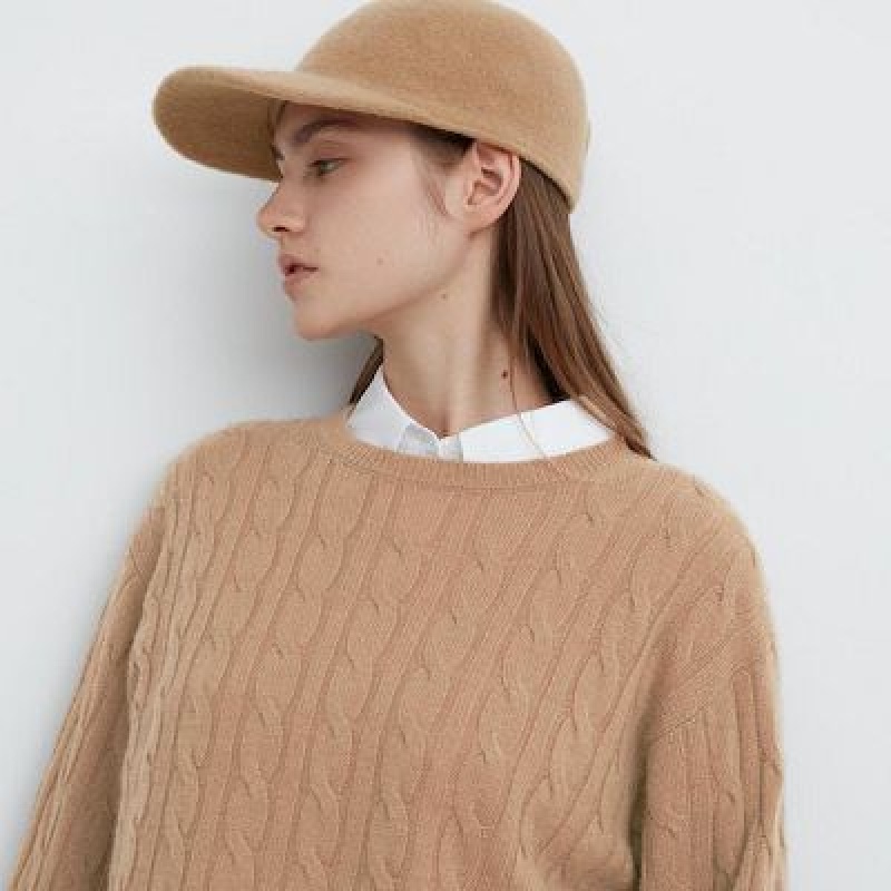 Suéteres Uniqlo Cashmere Cable Crew Neck Long-Sleeve Short Mujer Beige | 680237_PE