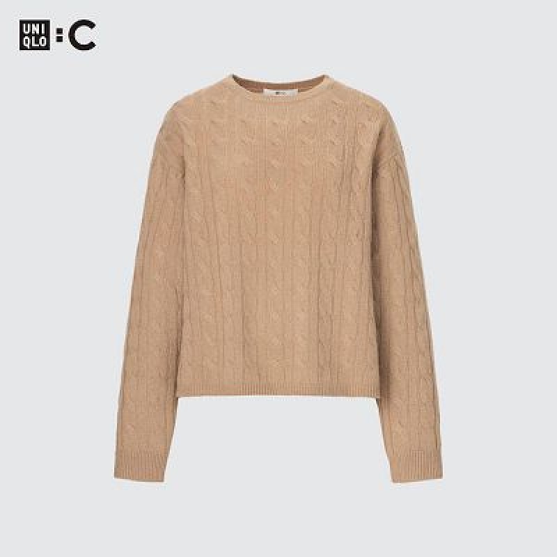 Suéteres Uniqlo Cashmere Cable Crew Neck Long-Sleeve Short Mujer Beige | 680237_PE