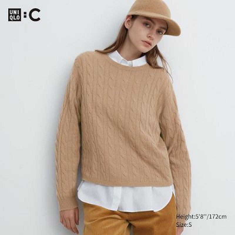 Suéteres Uniqlo Cashmere Cable Crew Neck Long-Sleeve Short Mujer Beige | 680237_PE