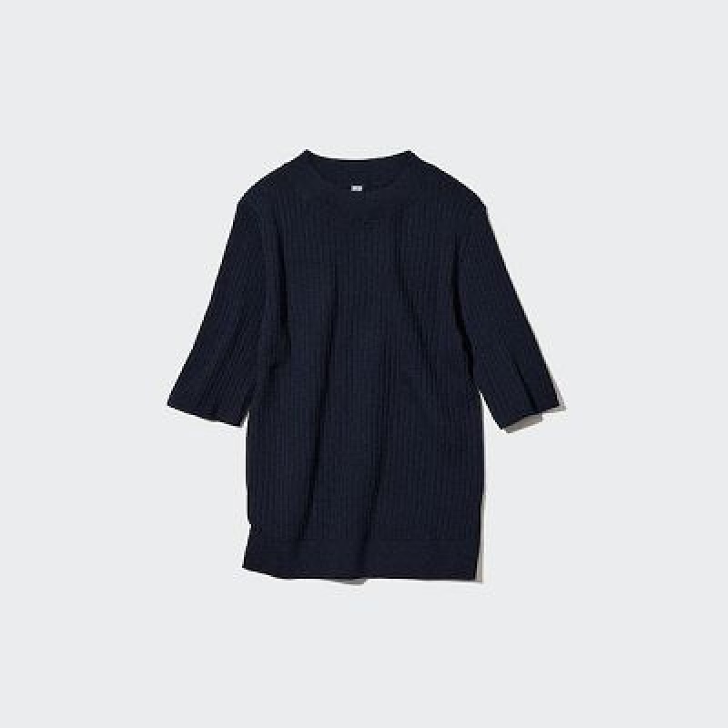 Suéteres Uniqlo Extra Fine Merino Acanalado Half-Sleeve Short Mujer Negras | 205983_PE