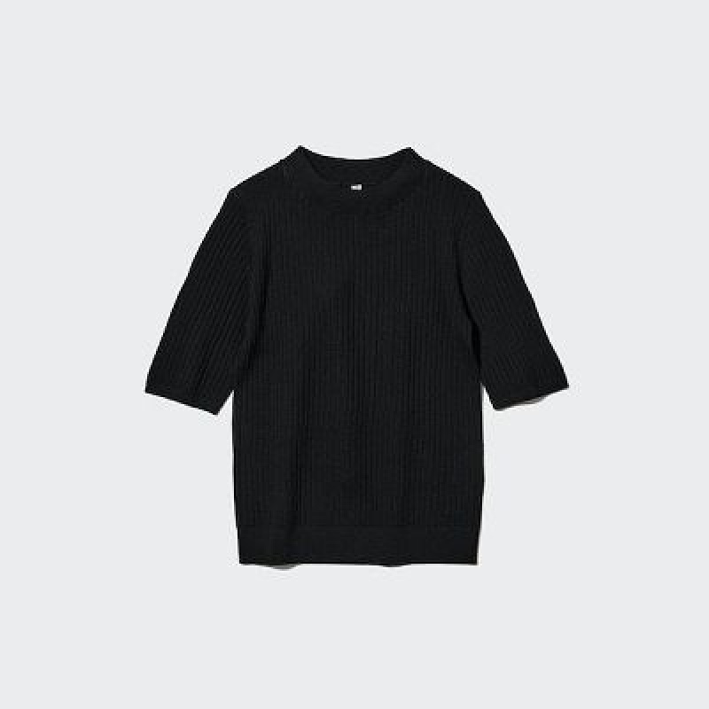 Suéteres Uniqlo Extra Fine Merino Acanalado Half-Sleeve Short Mujer Negras | 205983_PE