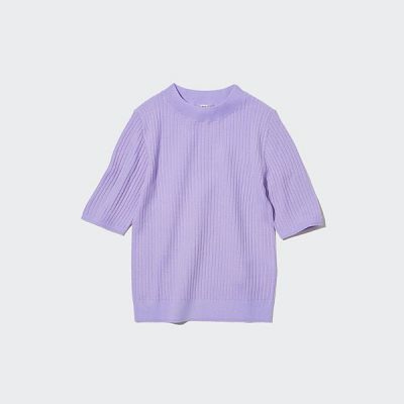 Suéteres Uniqlo Extra Fine Merino Acanalado Half-Sleeve Short Mujer Moradas | 347562_PE