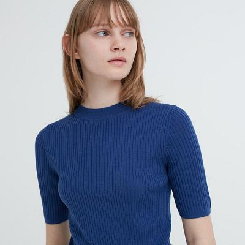 Suéteres Uniqlo Extra Fine Merino Acanalado Mock Neck Half-Sleeve Mujer Blancas | 654703_PE