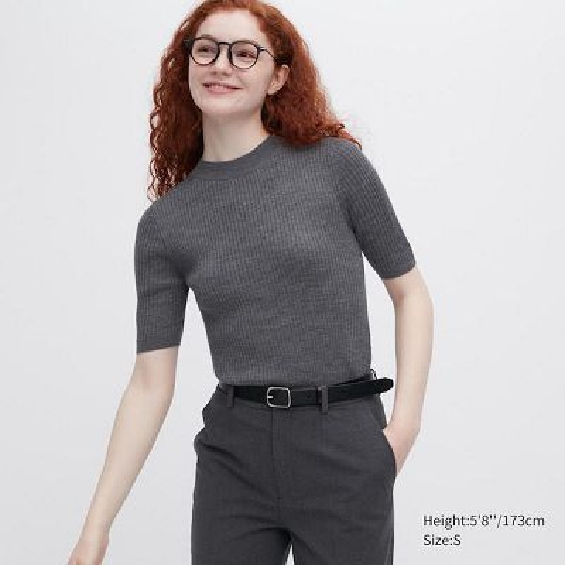 Suéteres Uniqlo Extra Fine Merino Acanalado Mock Neck Half-Sleeve Mujer Gris | 193405_PE