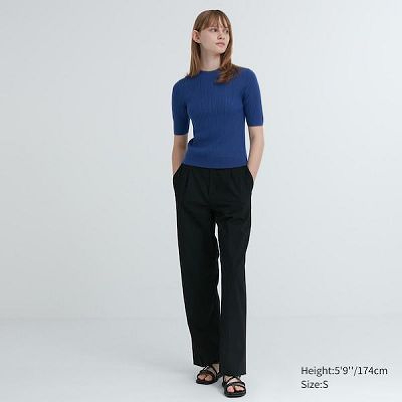 Suéteres Uniqlo Extra Fine Merino Acanalado Mock Neck Half-Sleeve Mujer Negras | 875213_PE