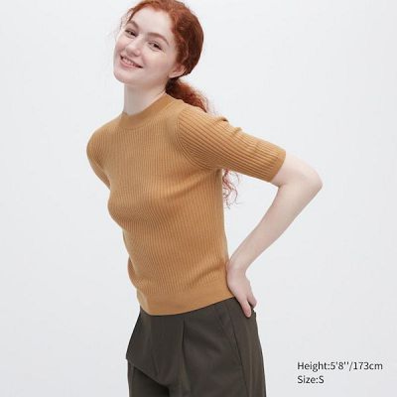 Suéteres Uniqlo Extra Fine Merino Acanalado Mock Neck Half-Sleeve Mujer Beige | 960358_PE