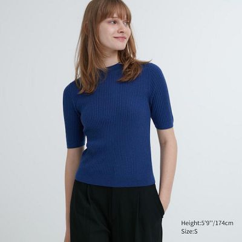 Suéteres Uniqlo Extra Fine Merino Acanalado Mock Neck Half-Sleeve Mujer Azules | 762514_PE