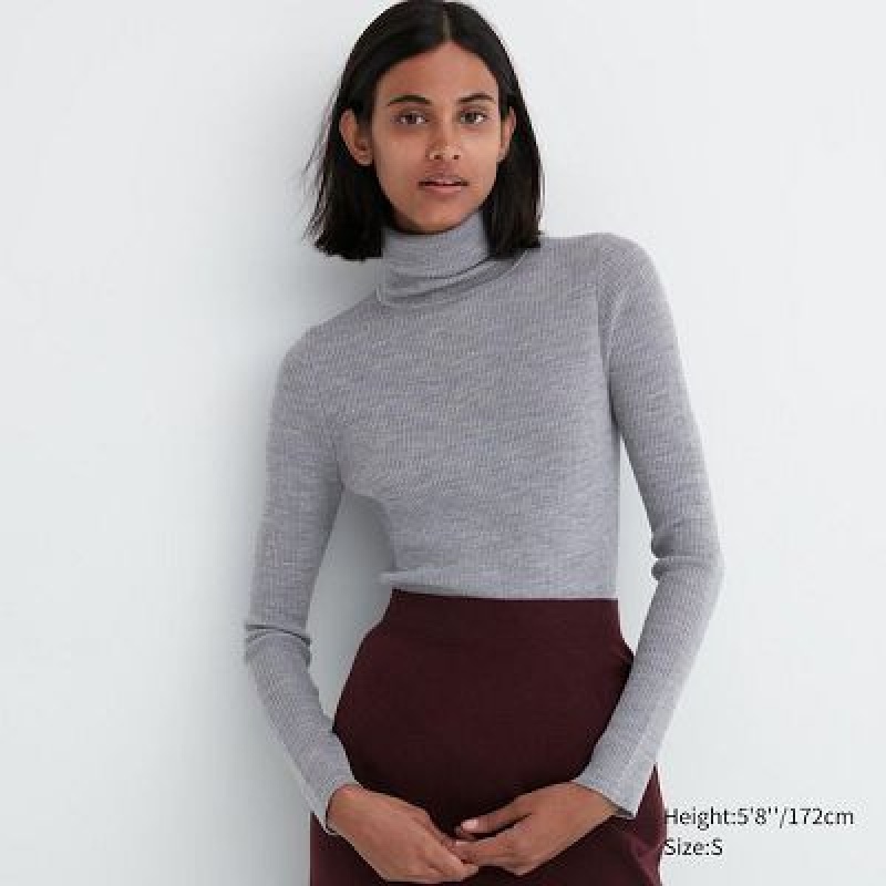 Suéteres Uniqlo Extra Fine Merino Acanalado Turtleneck Long-Sleeve Mujer Gris | 603845_PE