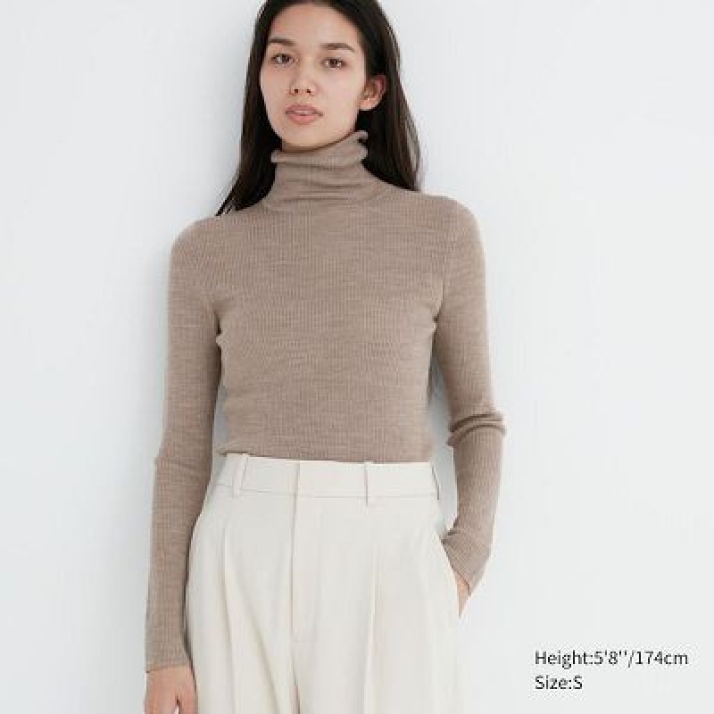 Suéteres Uniqlo Extra Fine Merino Acanalado Turtleneck Long-Sleeve Mujer Beige | 482357_PE