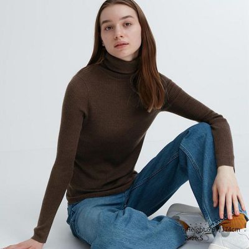 Suéteres Uniqlo Extra Fine Merino Acanalado Turtleneck Long-Sleeve Mujer Marrones | 638197_PE