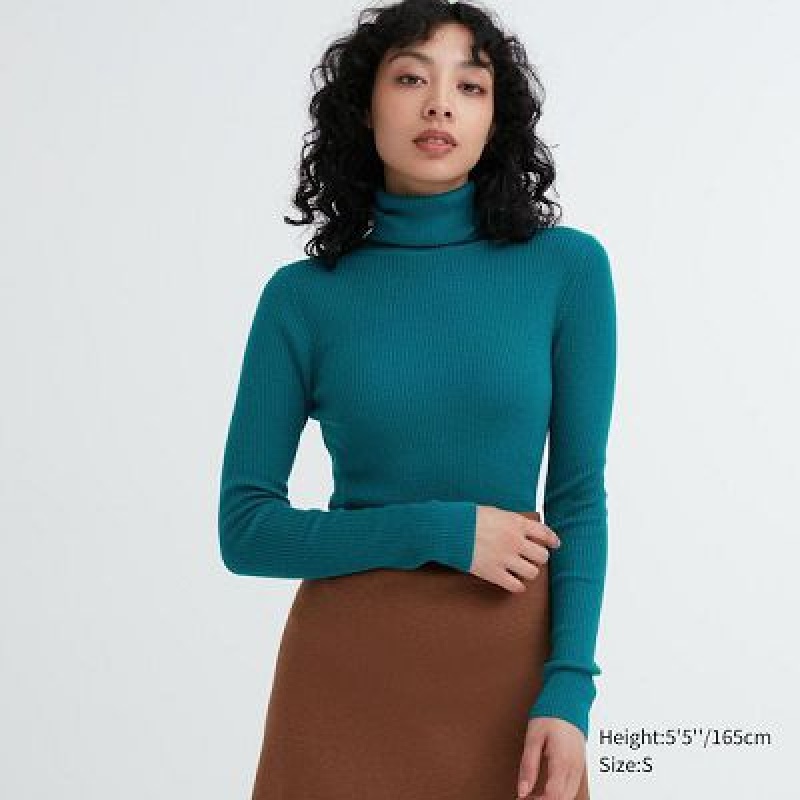 Suéteres Uniqlo Extra Fine Merino Acanalado Turtleneck Long-Sleeve Mujer Verde | 126834_PE