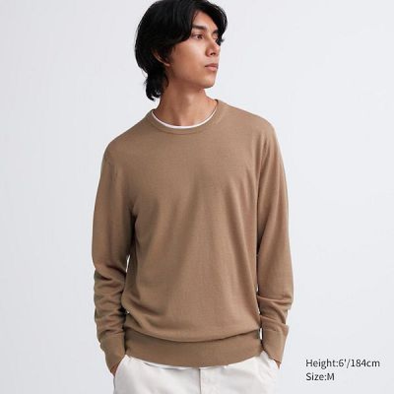 Suéteres Uniqlo Extra Fine Merino Crew Neck Hombre Beige | 438715_PE