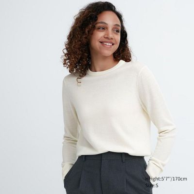 Suéteres Uniqlo Extra Fine Merino Crew Neck Long-Sleeve Mujer Blancas | 276981_PE