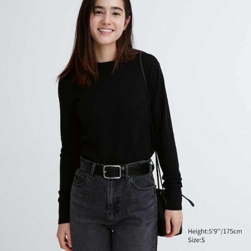 Suéteres Uniqlo Extra Fine Merino Crew Neck Long-Sleeve Mujer Negras | 714035_PE