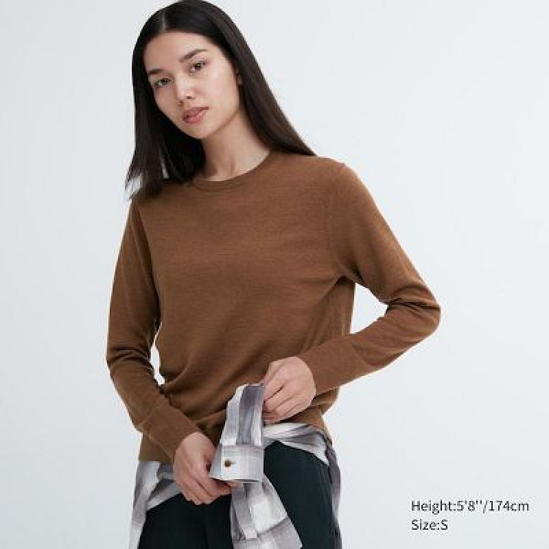 Suéteres Uniqlo Extra Fine Merino Crew Neck Long-Sleeve Mujer Marrones | 203586_PE