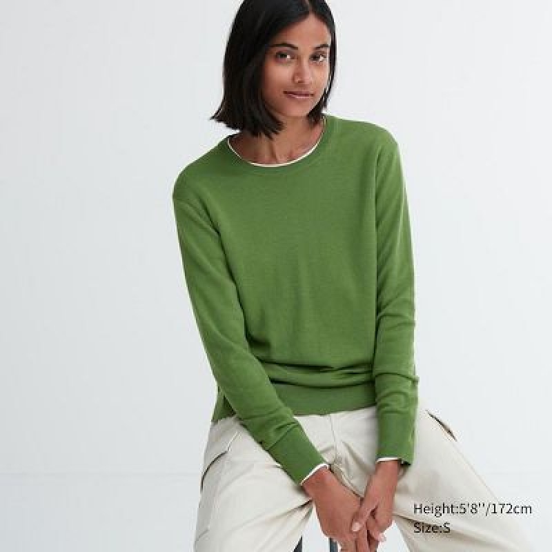 Suéteres Uniqlo Extra Fine Merino Crew Neck Long-Sleeve Mujer Verde | 196583_PE