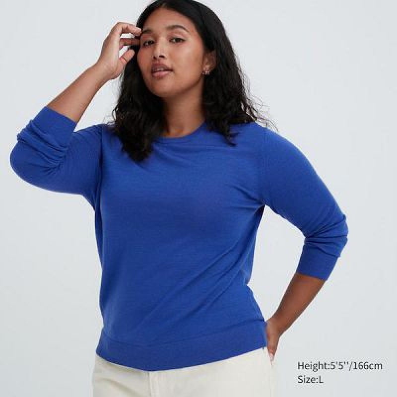 Suéteres Uniqlo Extra Fine Merino Crew Neck Long-Sleeve Mujer Azules | 436970_PE