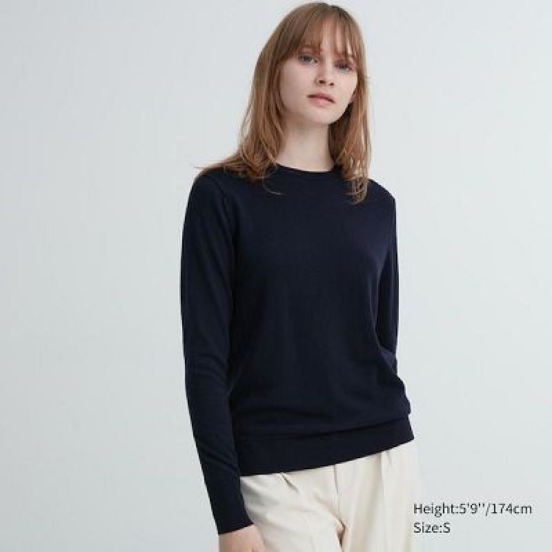 Suéteres Uniqlo Extra Fine Merino Crew Neck Long-Sleeve Mujer Azul Marino | 643189_PE