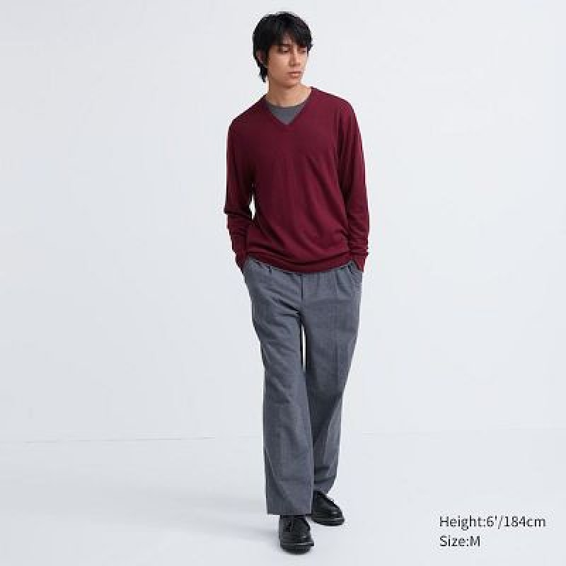 Suéteres Uniqlo Extra Fine Merino V-Neck Hombre Wine | 965032_PE