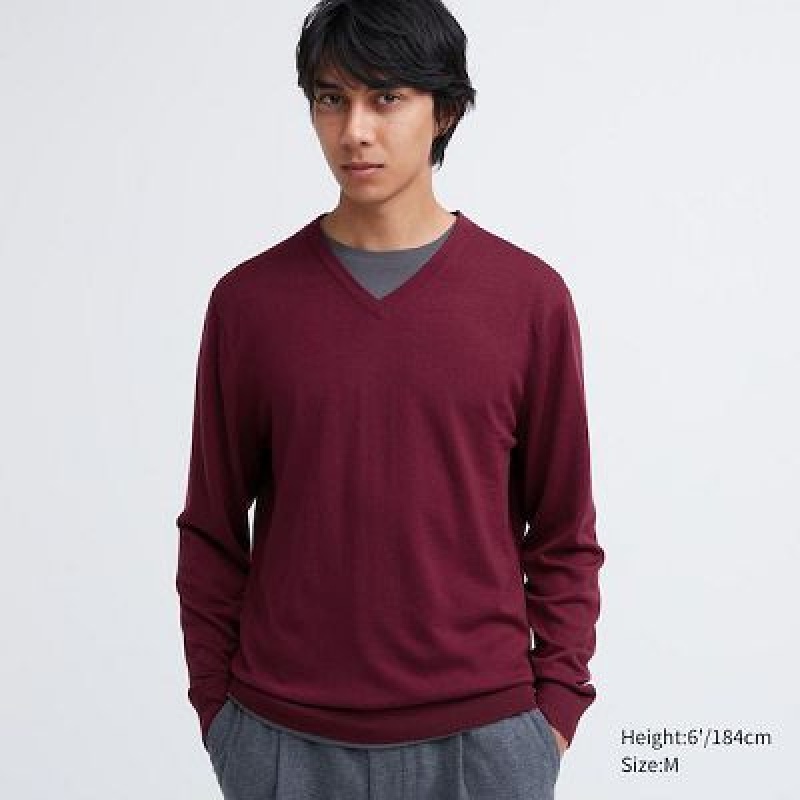 Suéteres Uniqlo Extra Fine Merino V-Neck Hombre Wine | 965032_PE