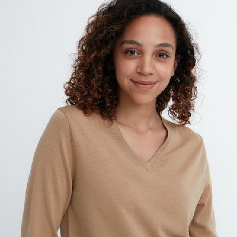 Suéteres Uniqlo Extra Fine Merino V-Neck Long-Sleeve Mujer Blancas | 423809_PE