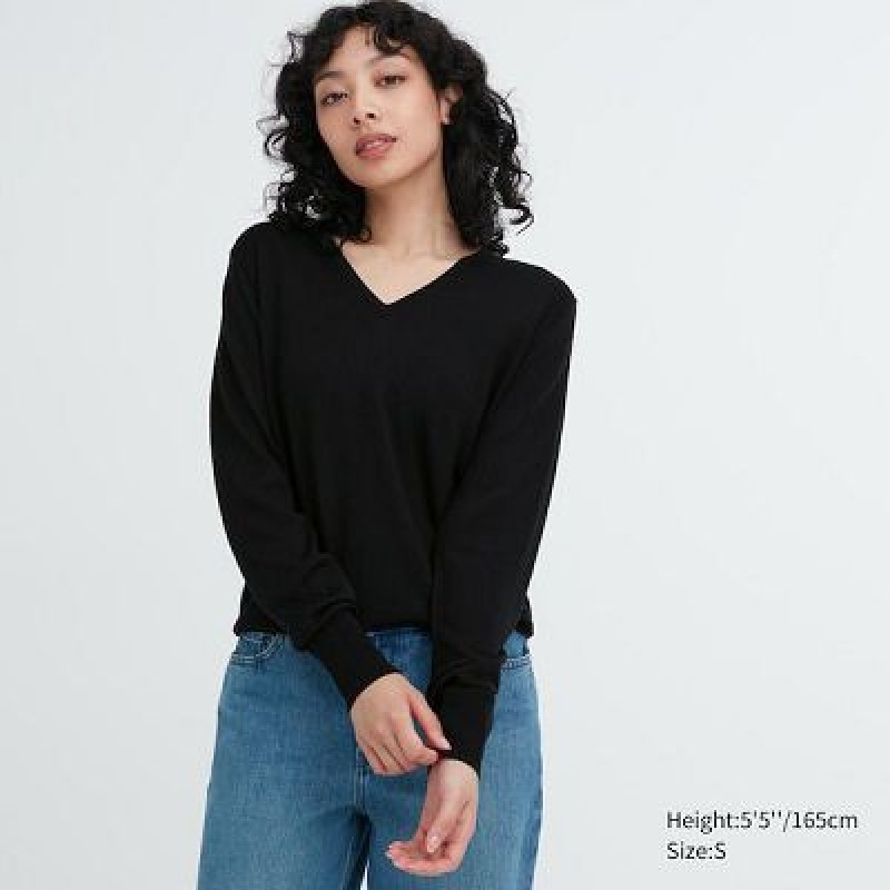 Suéteres Uniqlo Extra Fine Merino V-Neck Long-Sleeve Mujer Negras | 745830_PE