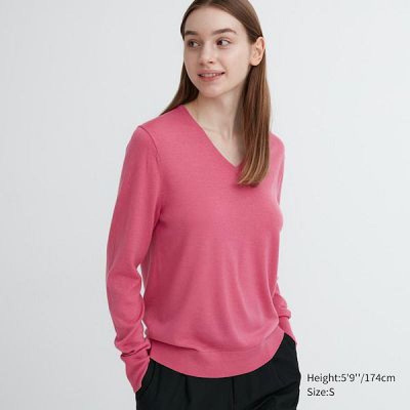 Suéteres Uniqlo Extra Fine Merino V-Neck Long-Sleeve Mujer Rosas | 51394_PE