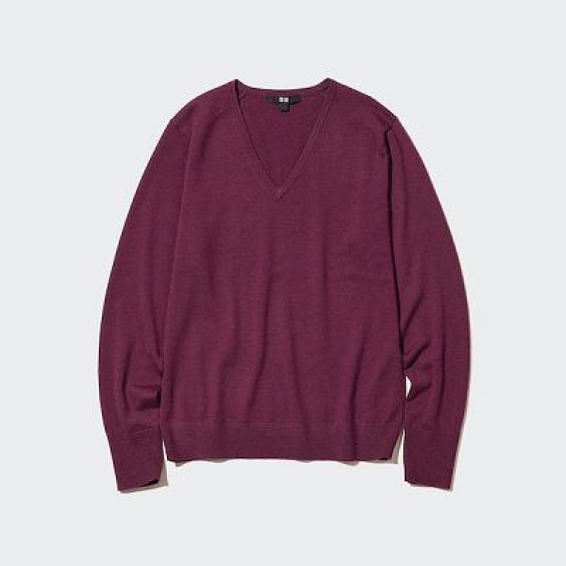 Suéteres Uniqlo Extra Fine Merino V-Neck Long-Sleeve Mujer Wine | 647809_PE