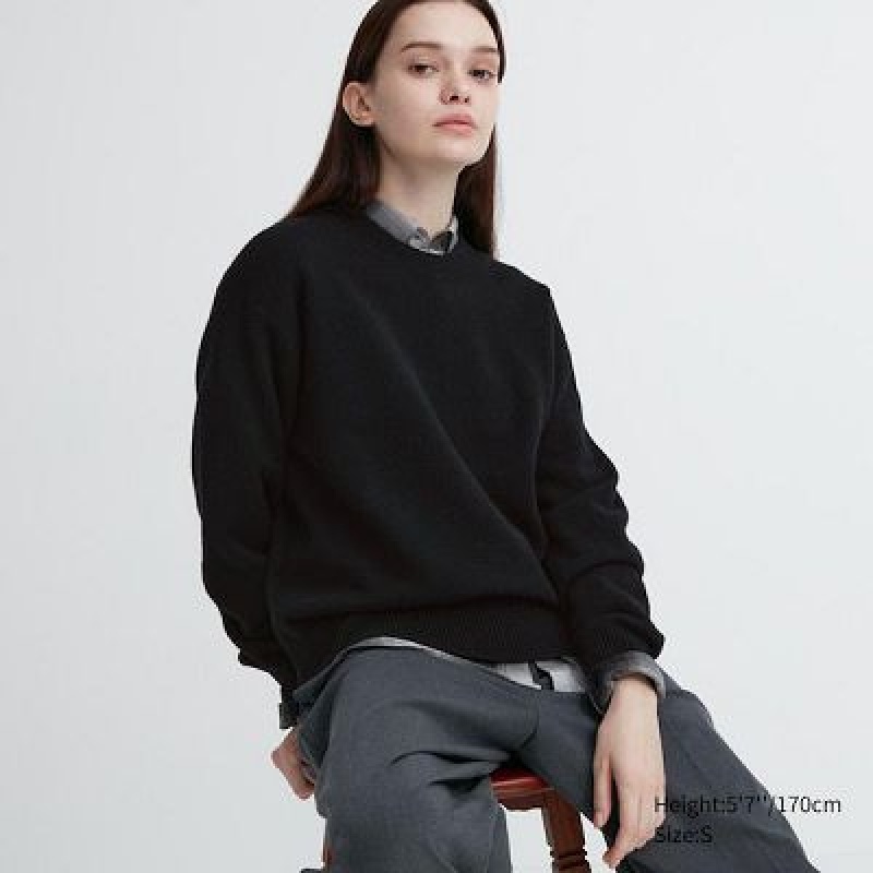 Suéteres Uniqlo Premium Lambswool Crew Neck Long-Sleeve Mujer Negras | 726514_PE