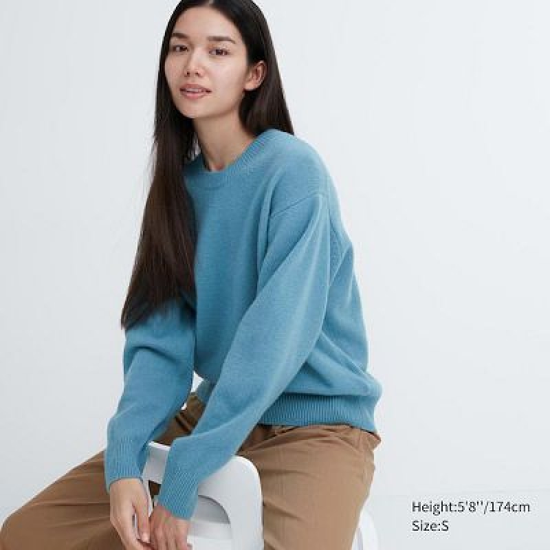 Suéteres Uniqlo Premium Lambswool Crew Neck Long-Sleeve Mujer Azules | 261387_PE